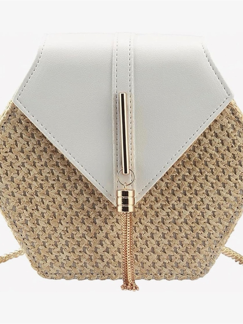 Amazon White Flap Woven Hexagon Crossbody with Gold Tassel